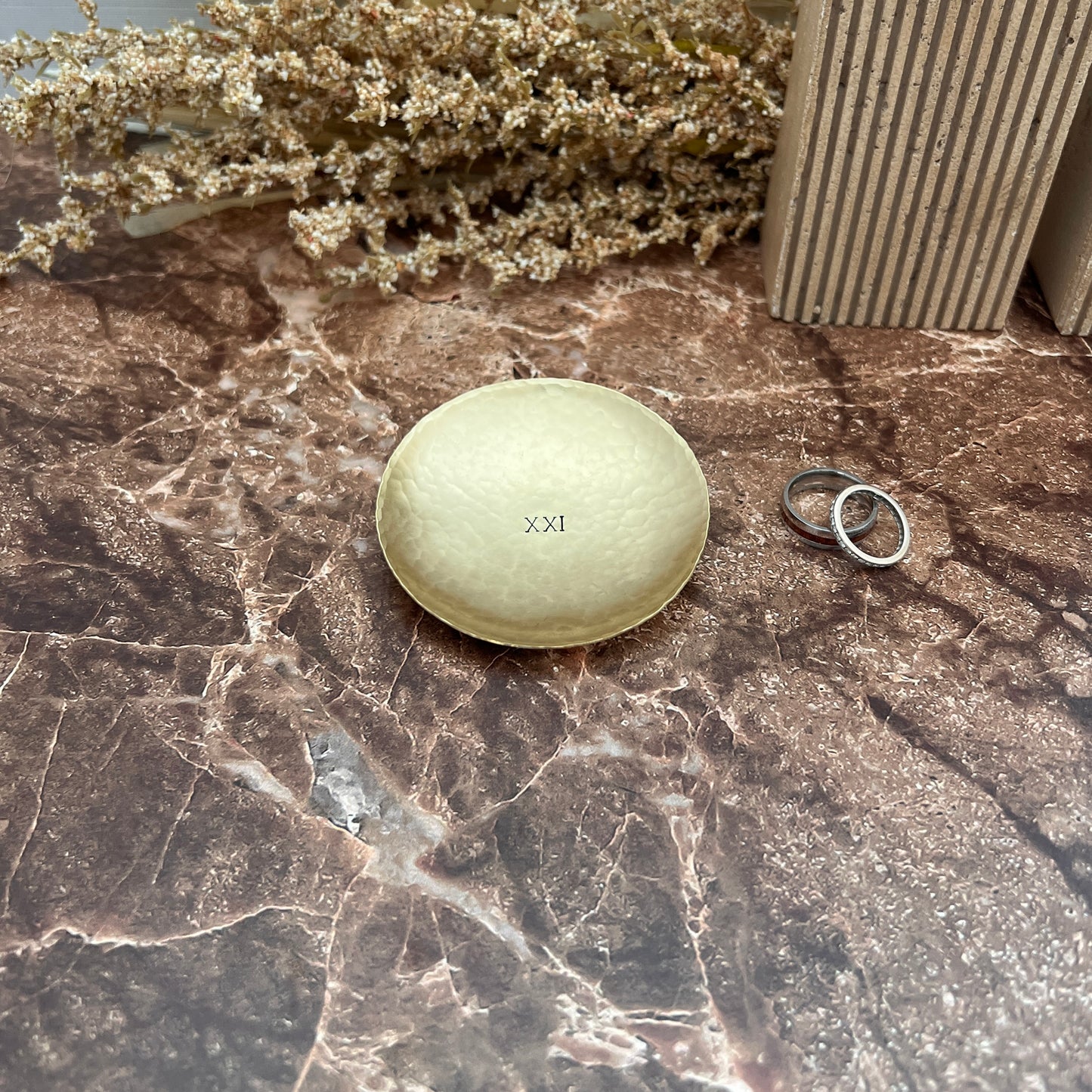 Personalized Brass Ring Dish - Round, Hammered & Custom Stamped