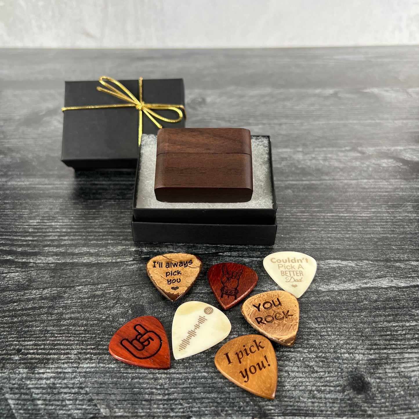 Custom Engraved Bone or Wood Guitar Pick with Wooden Magnetic Box
