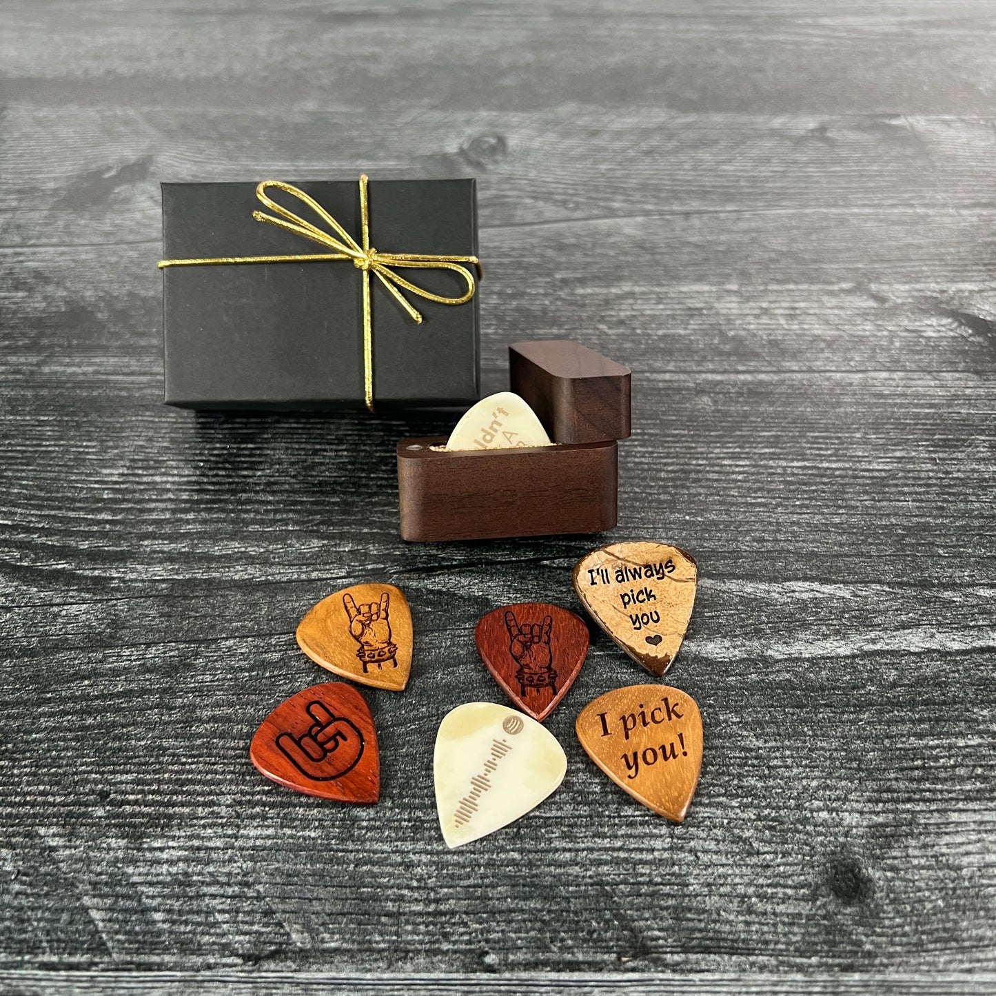 Custom Engraved Bone or Wood Guitar Pick with Wooden Magnetic Box
