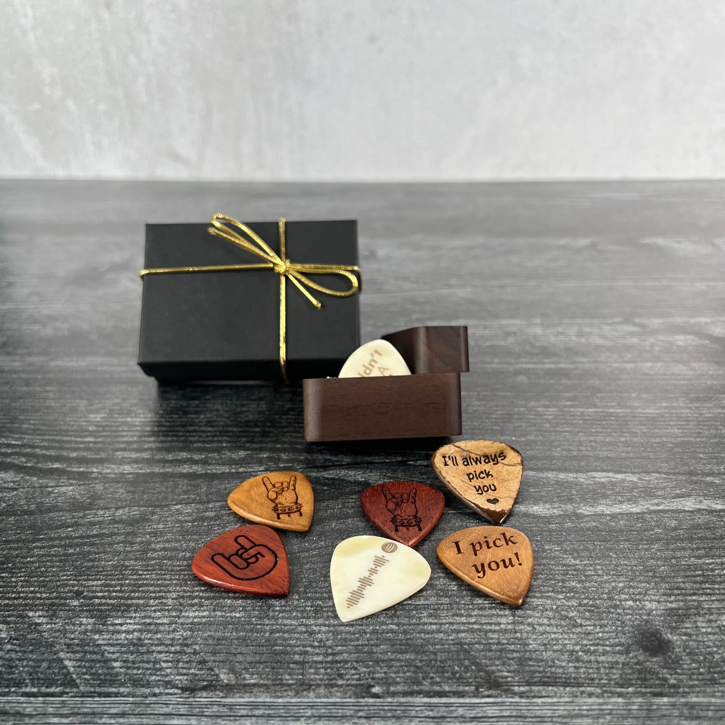 Custom Engraved Bone or Wood Guitar Pick with Wooden Magnetic Box