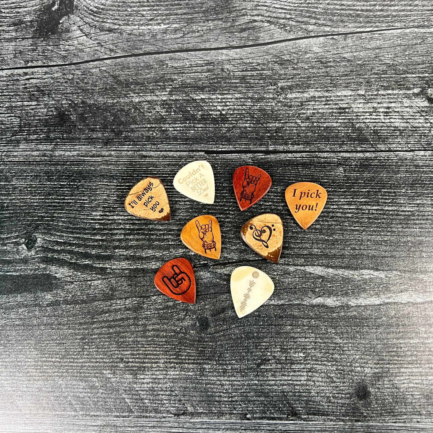 Custom Engraved Bone or Wood Guitar Pick with Wooden Magnetic Box