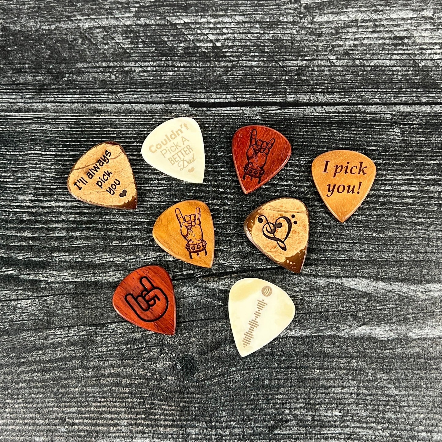 Custom Bone Guitar Pick on Leather Keychain Pouch with Second Engraved Pick