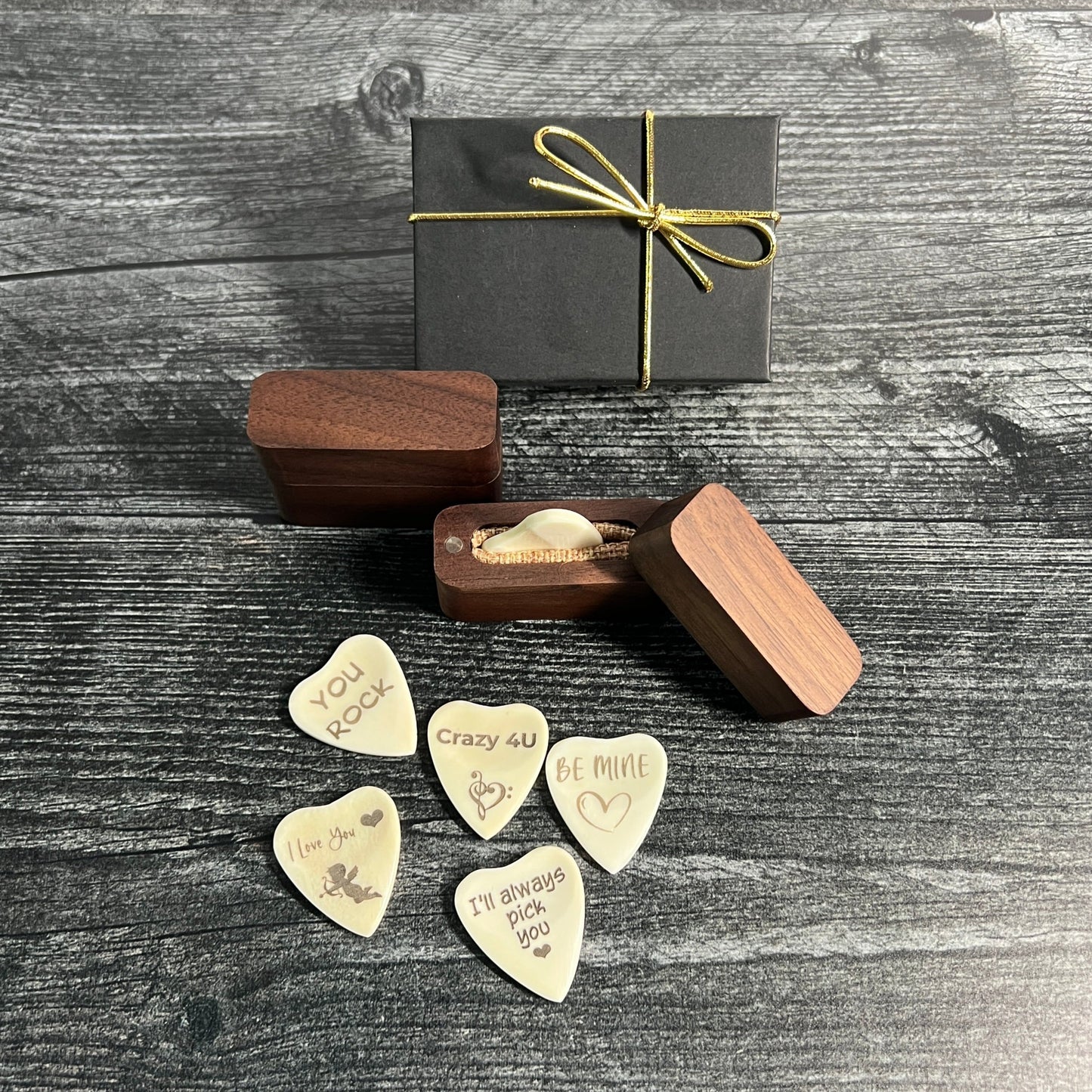 Personalized Heart Shaped Bone Guitar Pick with Custom Magnetic Wood Box
