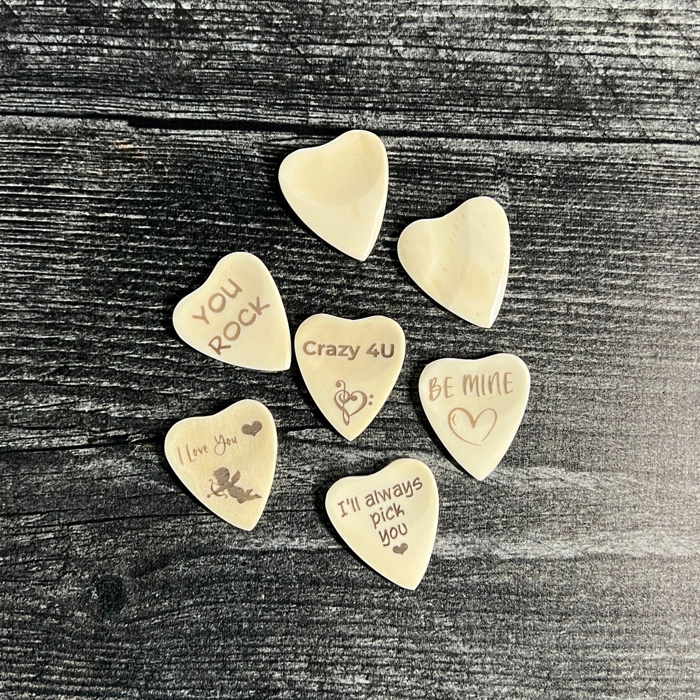 Personalized Heart Shaped Bone Guitar Pick with Custom Magnetic Wood Box