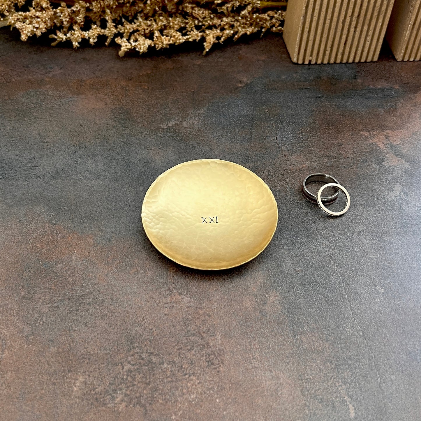 Personalized Brass Ring Dish - Round, Hammered & Custom Stamped