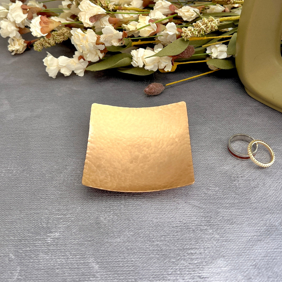Square Bronze Ring Dish - Hammered & Custom Stamped