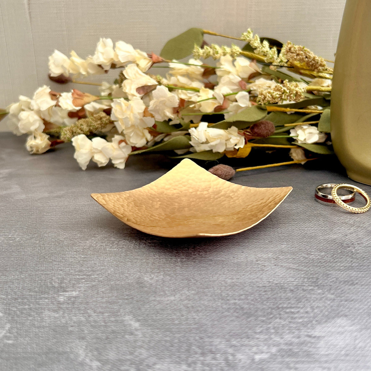 Square Bronze Ring Dish - Hammered & Custom Stamped