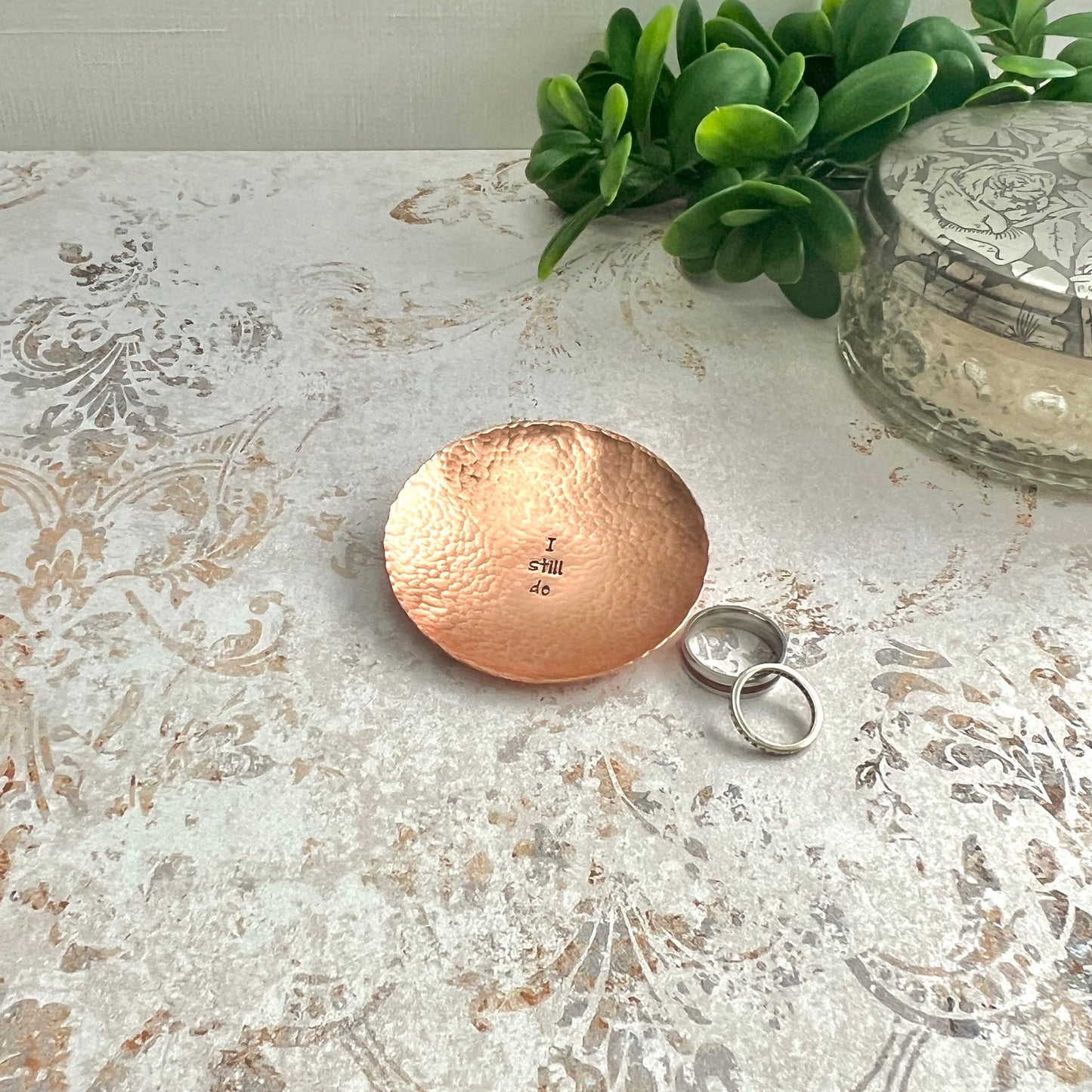 Round Copper Ring Dish – Hand Stamped Custom Message