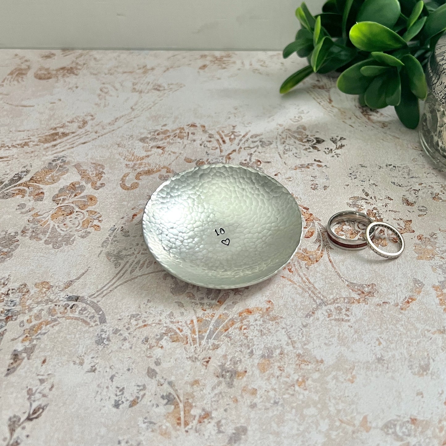 Personalized Pewter Ring Dish - Round, Hammered & Custom Stamped