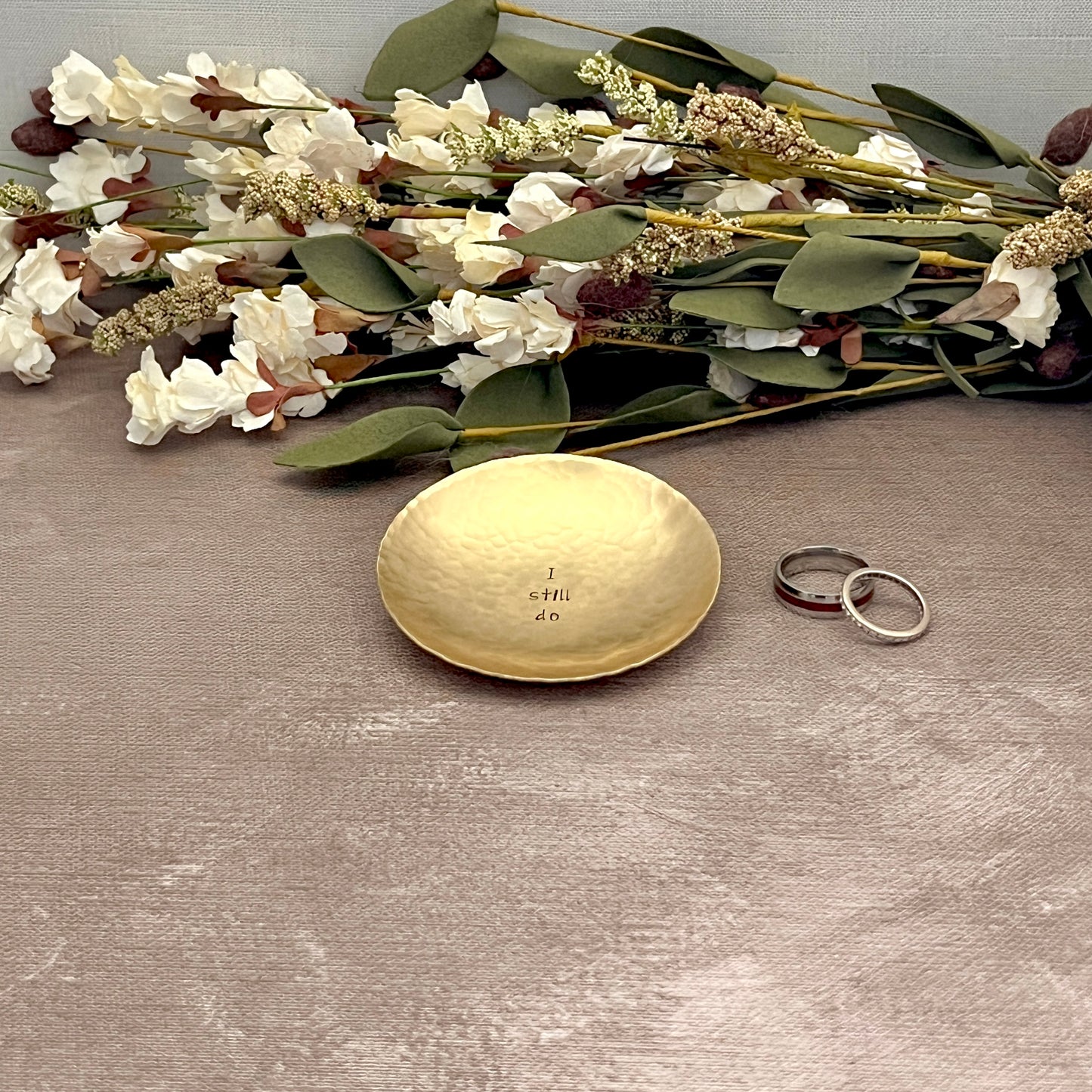 I Still Do hand-stamped round brass ring dish, handcrafted and hammered in South Carolina