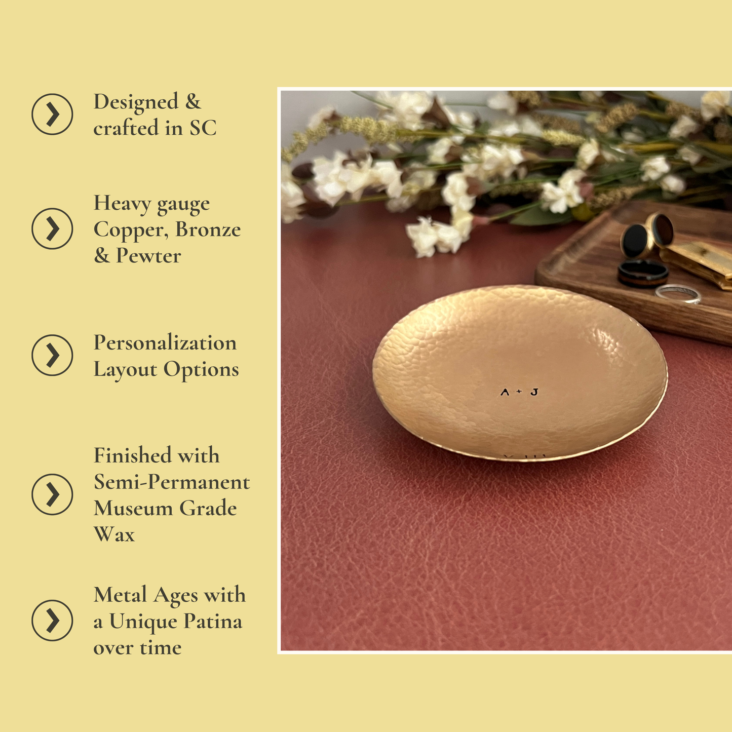 Custom Engraved Ring Dish – Small or Medium Round in Copper, Bronze, or Pewter