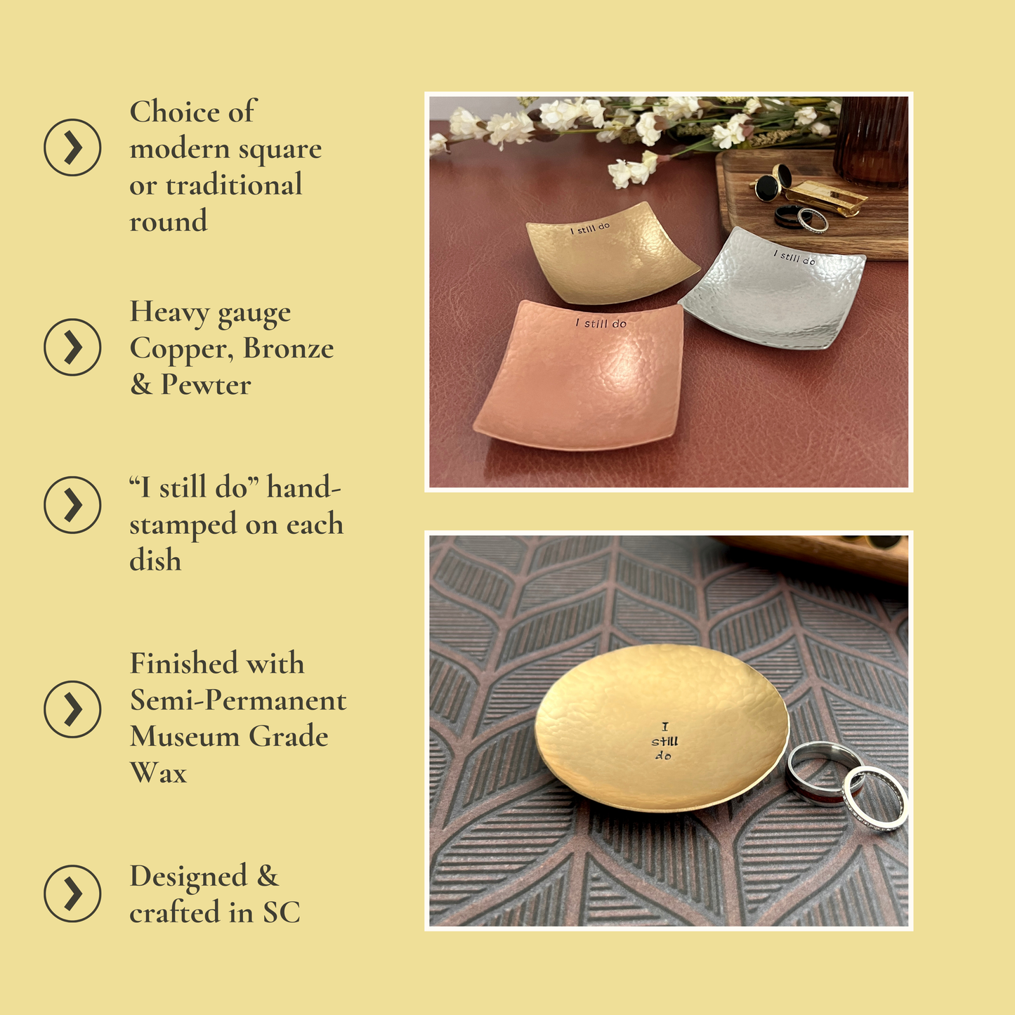 “I Still Do” Engraved Ring Dish – Hammered Copper, Bronze, or Pewter Christmas Gift
