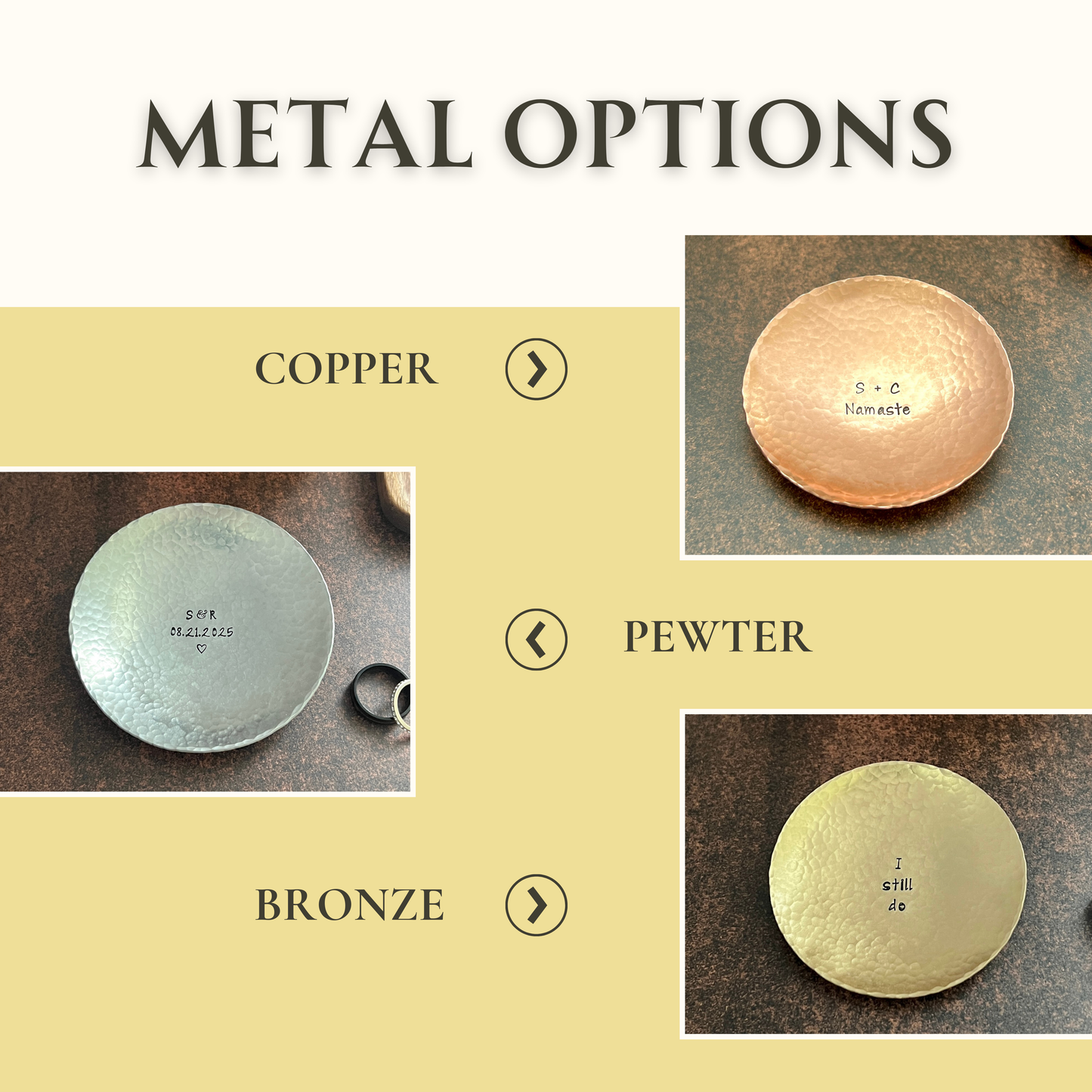 Custom Engraved Ring Dish – Small or Medium Round in Copper, Bronze, or Pewter