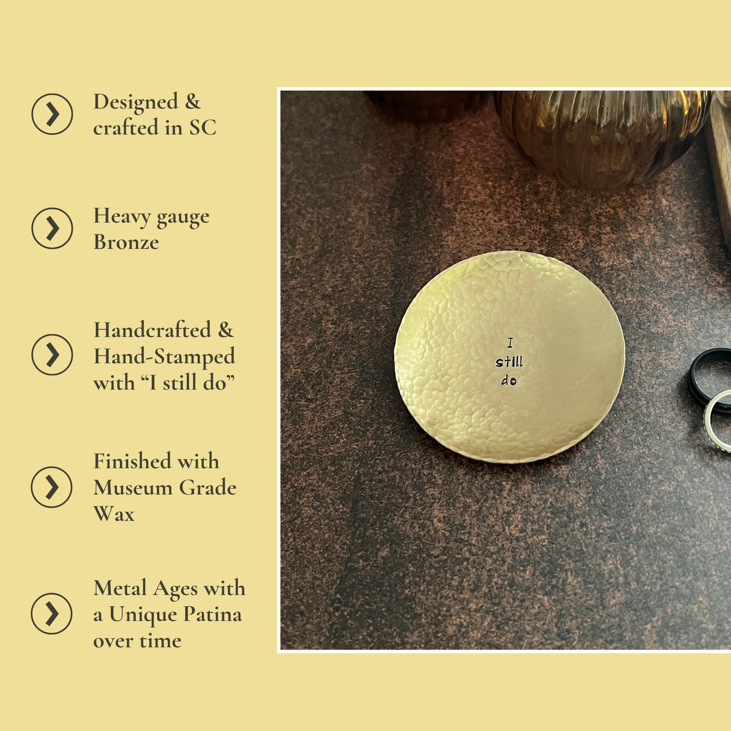 Personalized Bronze Ring Dish - Round, Hammered & Custom Stamped