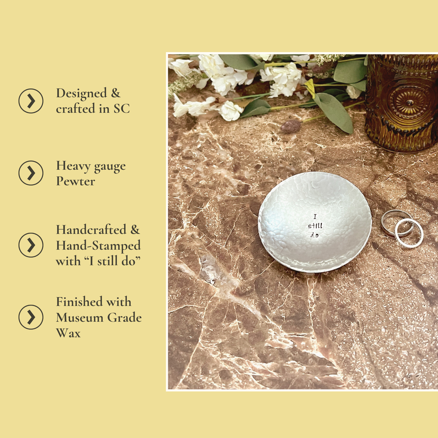 Personalized Pewter Ring Dish - Round, Hammered & Custom Stamped