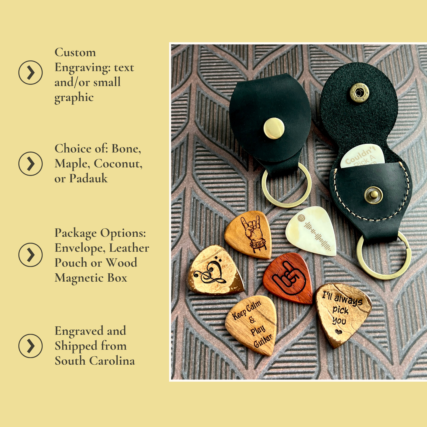 Custom Engraved Wood or Bone Guitar Pick