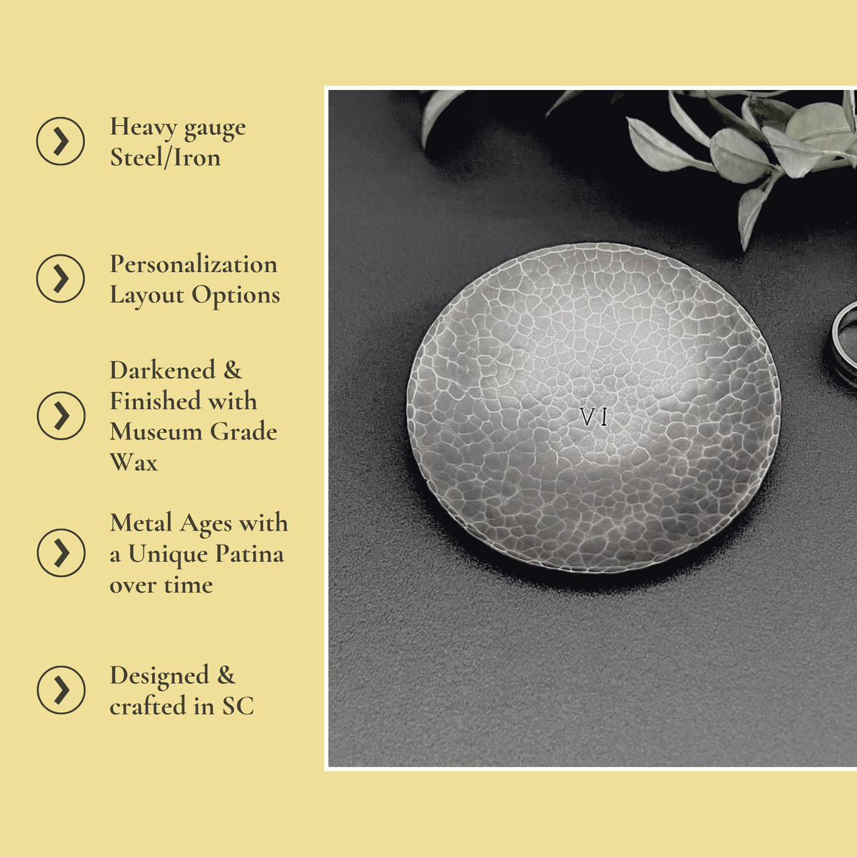 Personalized Steel Ring Dish - Round, Hammered & Custom Stamped