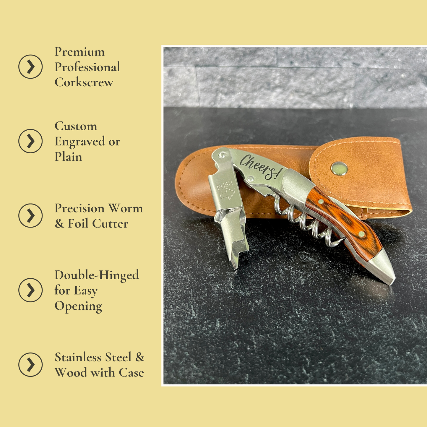 Custom Engraved Wood & Stainless Steel Corkscrew with Leather Case