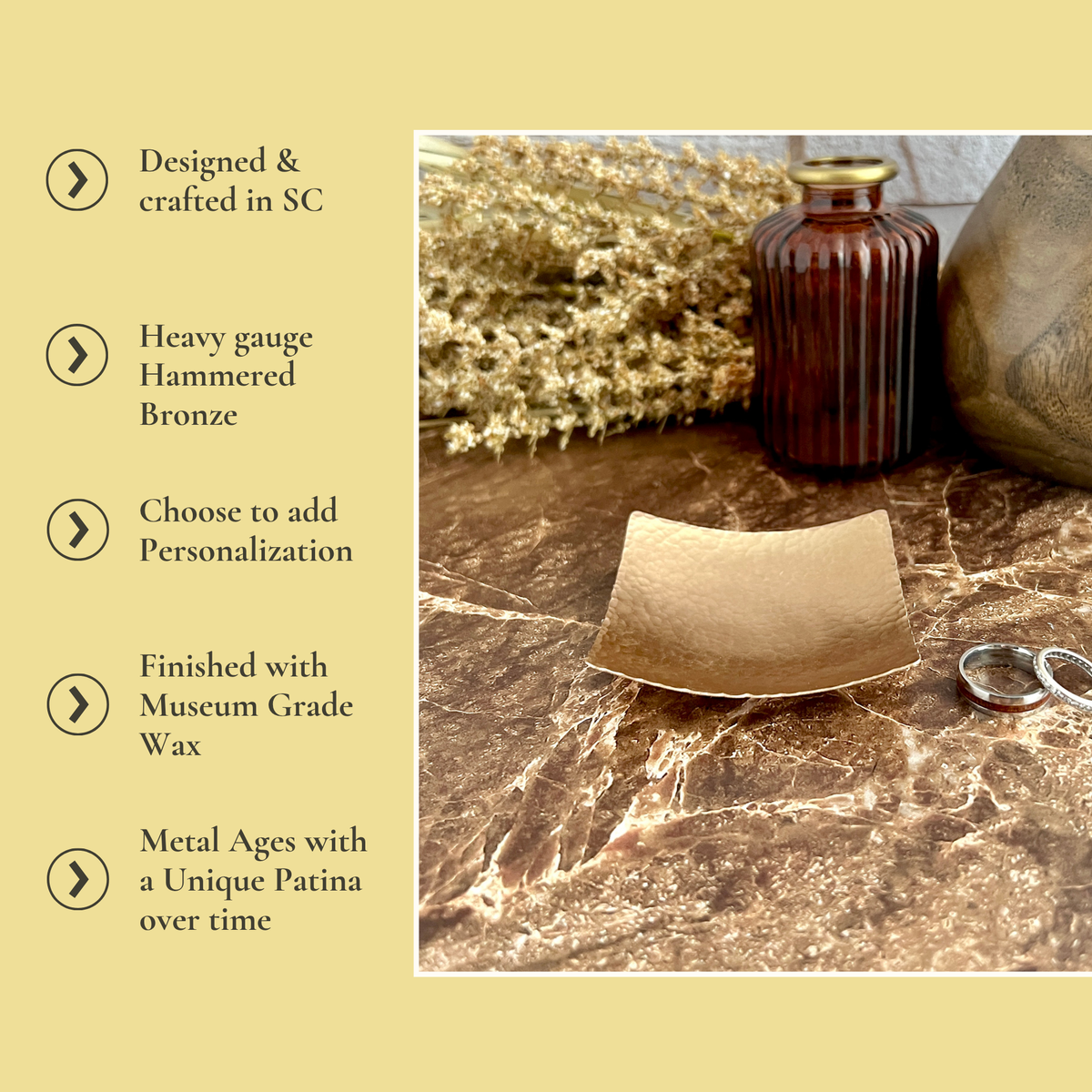 Square Bronze Ring Dish - Hammered & Custom Stamped