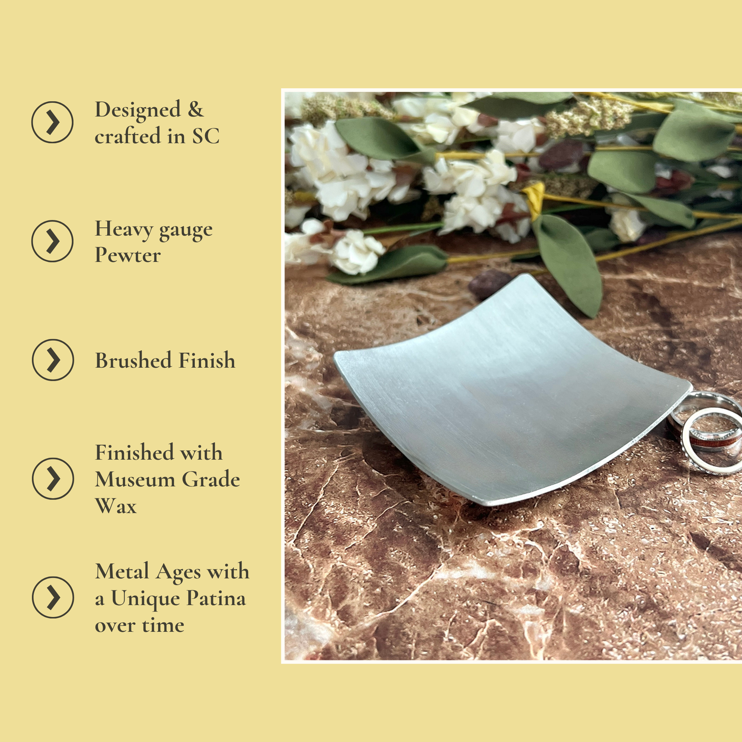 3" Square Pewter Ring Dish - Brushed Finish