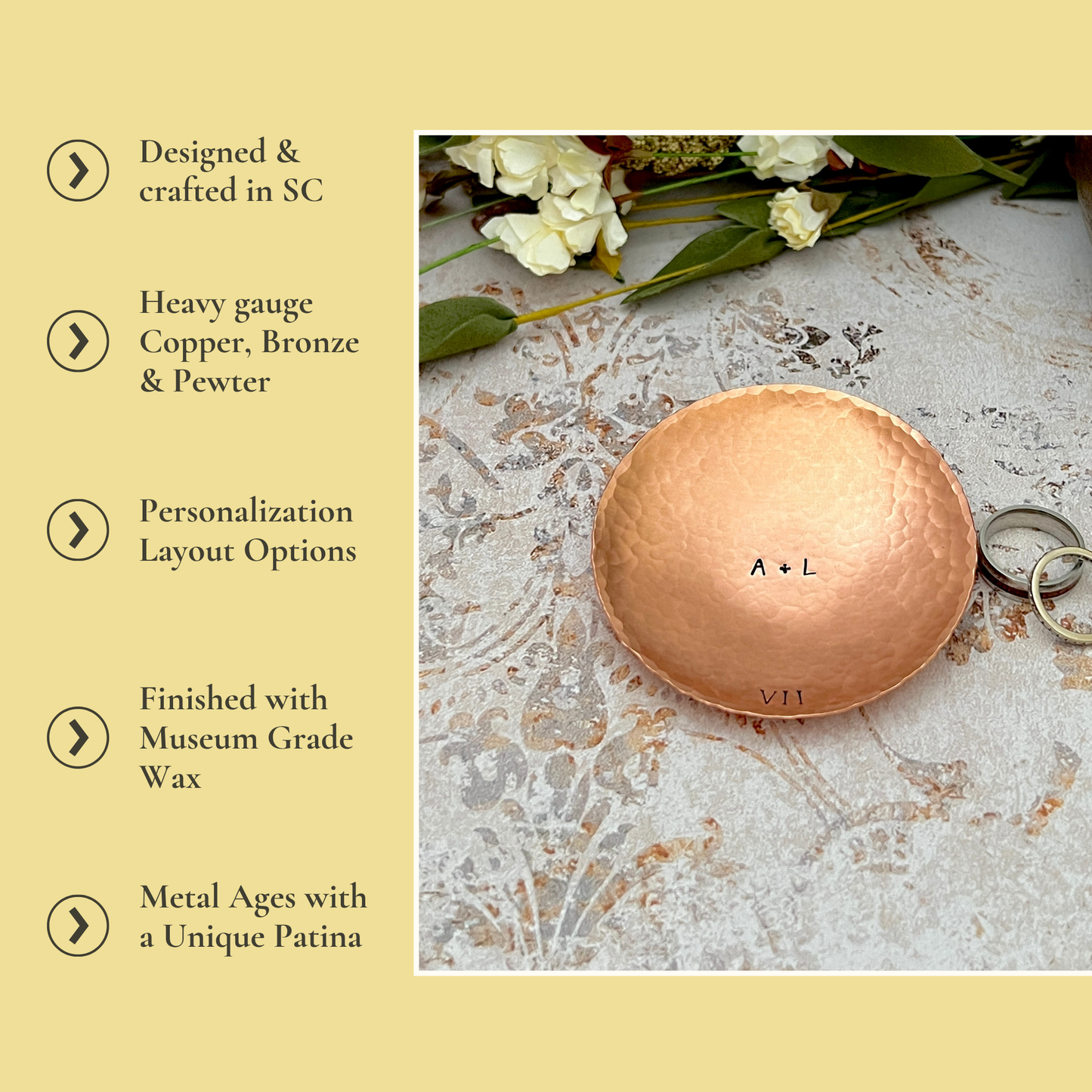 Personalized Copper Ring Dish - Round, Hammered & Custom Stamped