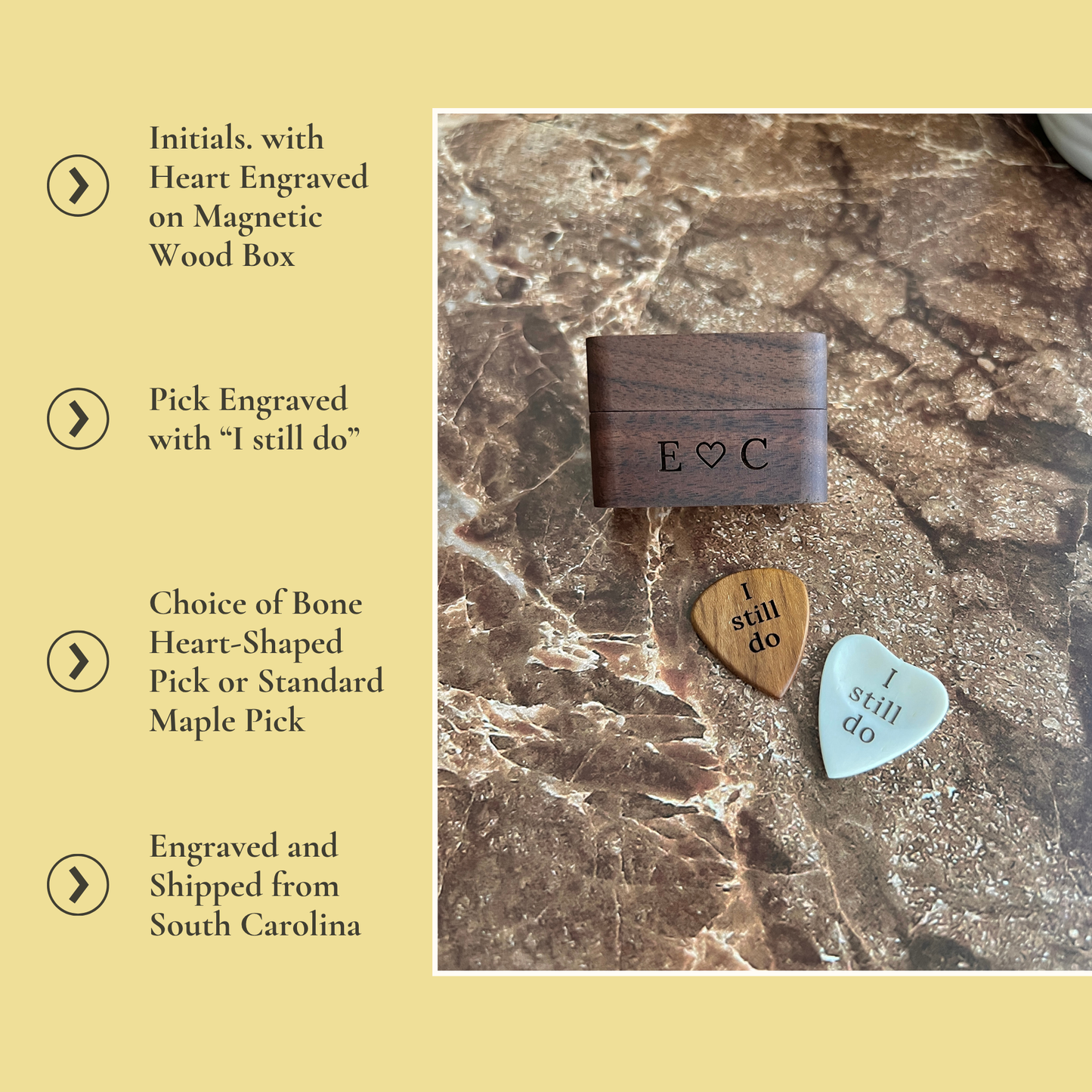 "I still do" Guitar Pick & Engraved Wood Box - Anniversary Keepsake