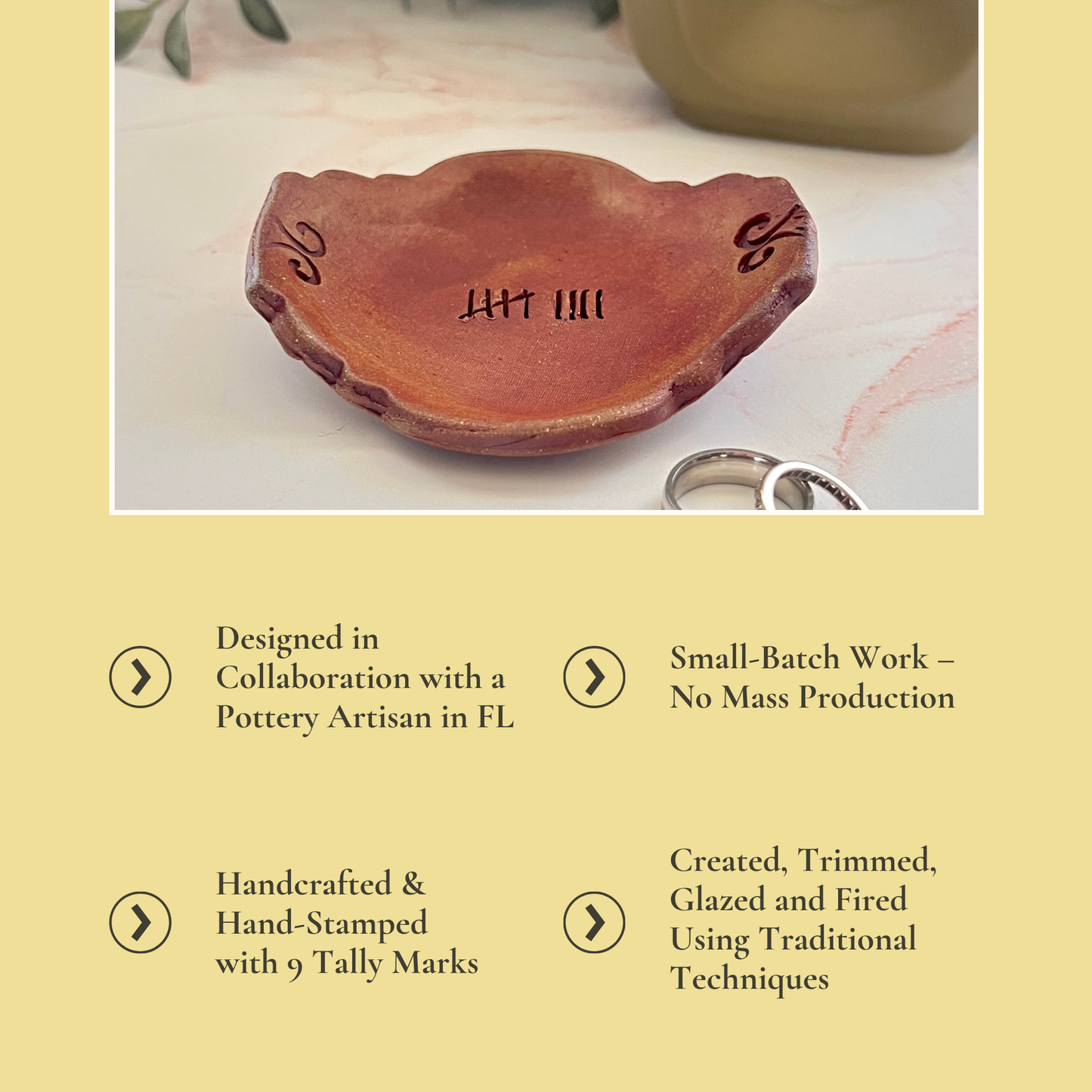 9th Anniversary Pottery Ring Dish - 9 Tally Marks Handcrafted Keepsake
