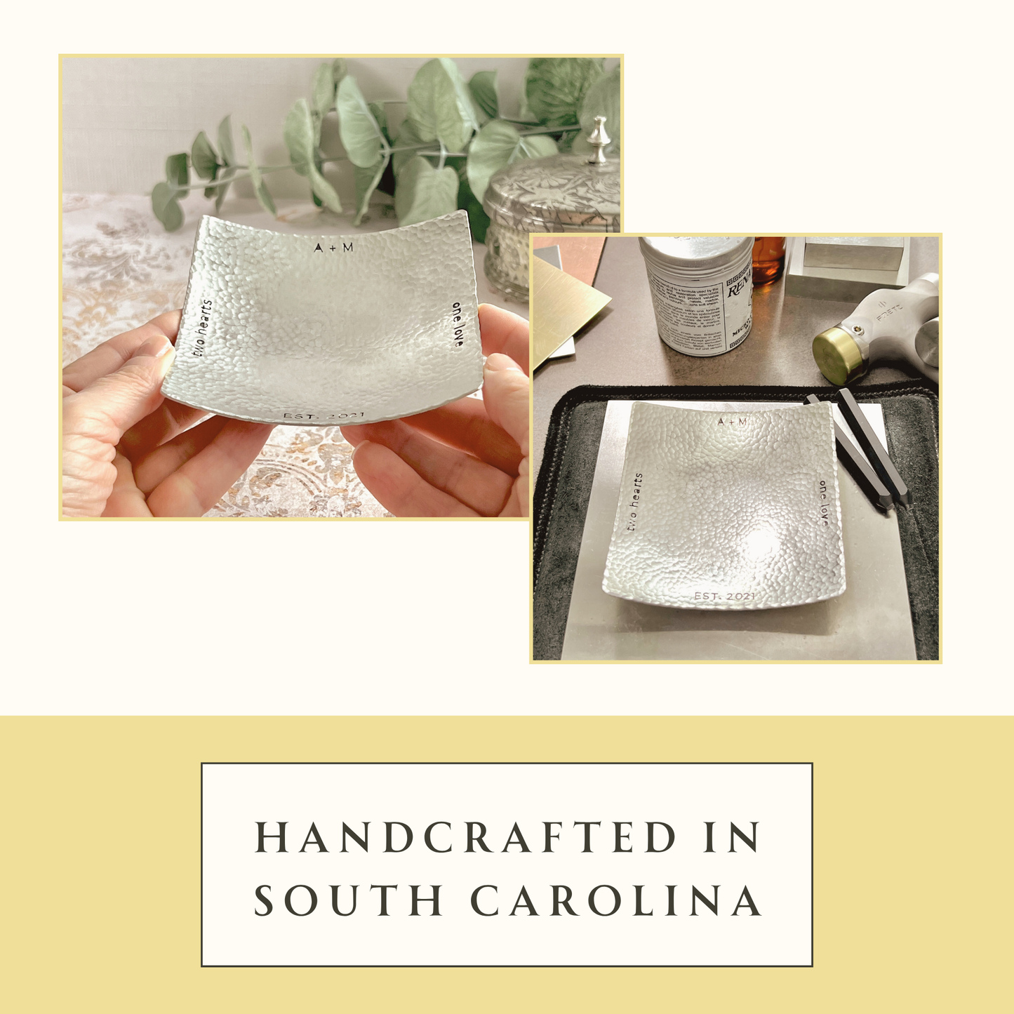 Square Pewter Ring Dish - Hammered & Custom Stamped