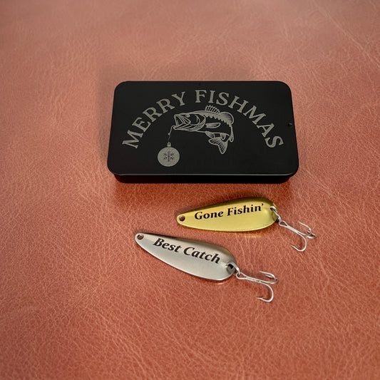 Custom engraved fishing lure Christmas gift set with brass and nickel lures in a Merry Fishmas holiday keepsake tin, handcrafted in the USA