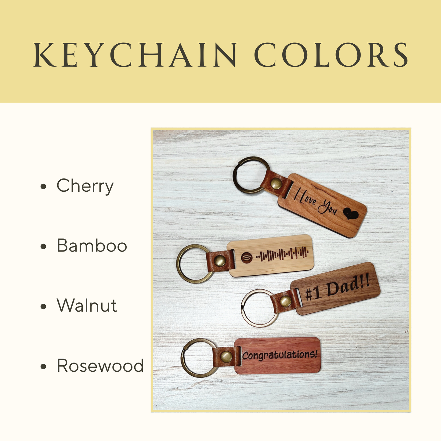 Custom Engraved Wood Keychains – Walnut, Cherry, Bamboo, or Rosewood Favor