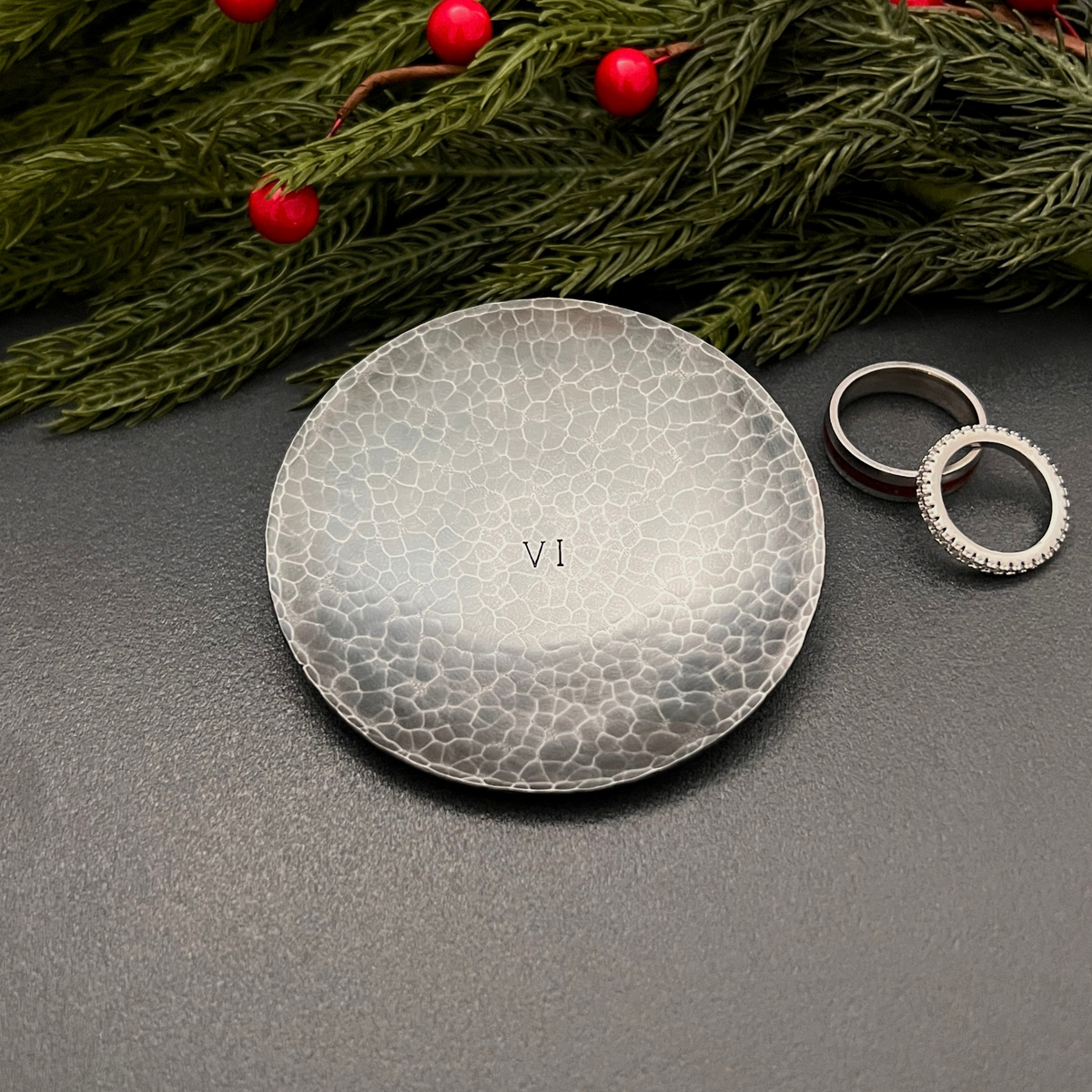 Personalized Steel Ring Dish - Round, Hammered & Custom Stamped