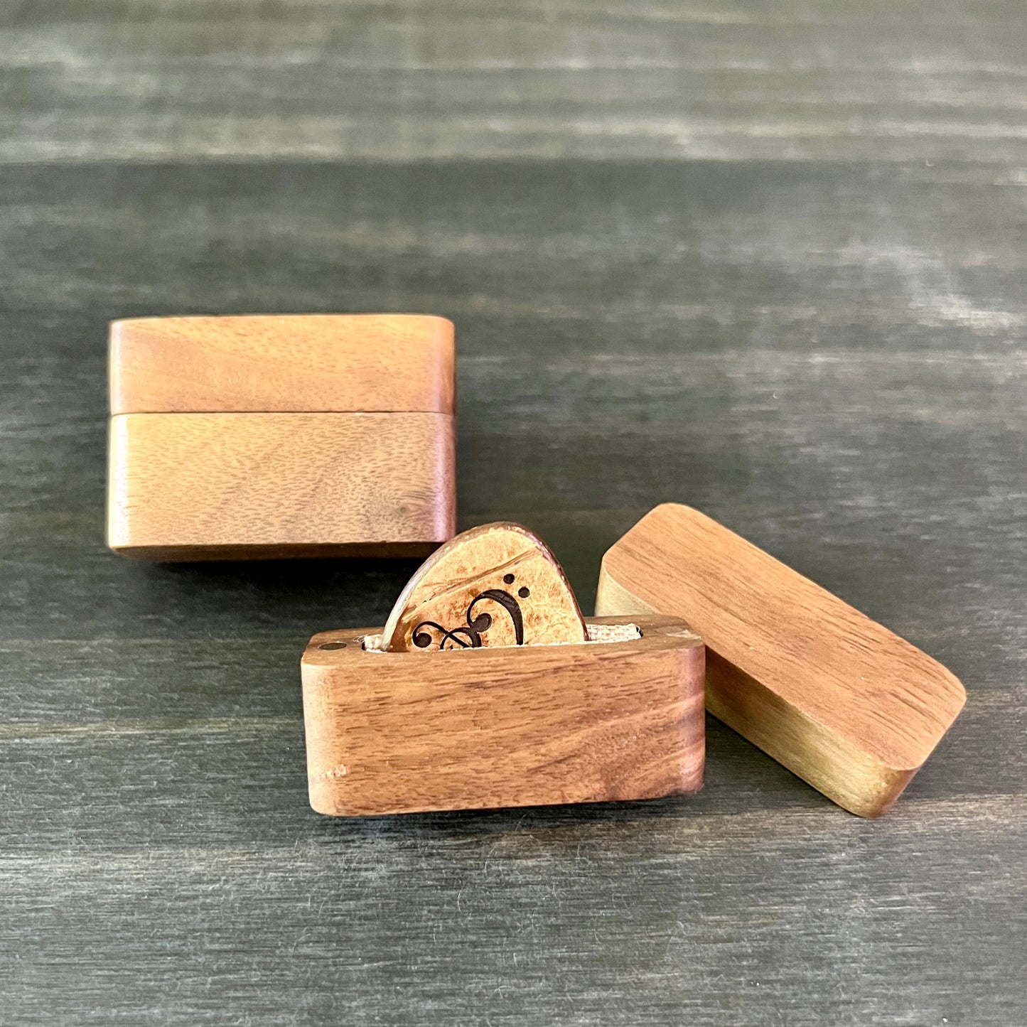 Custom Engraved Bone or Wood Guitar Pick with Wooden Magnetic Box
