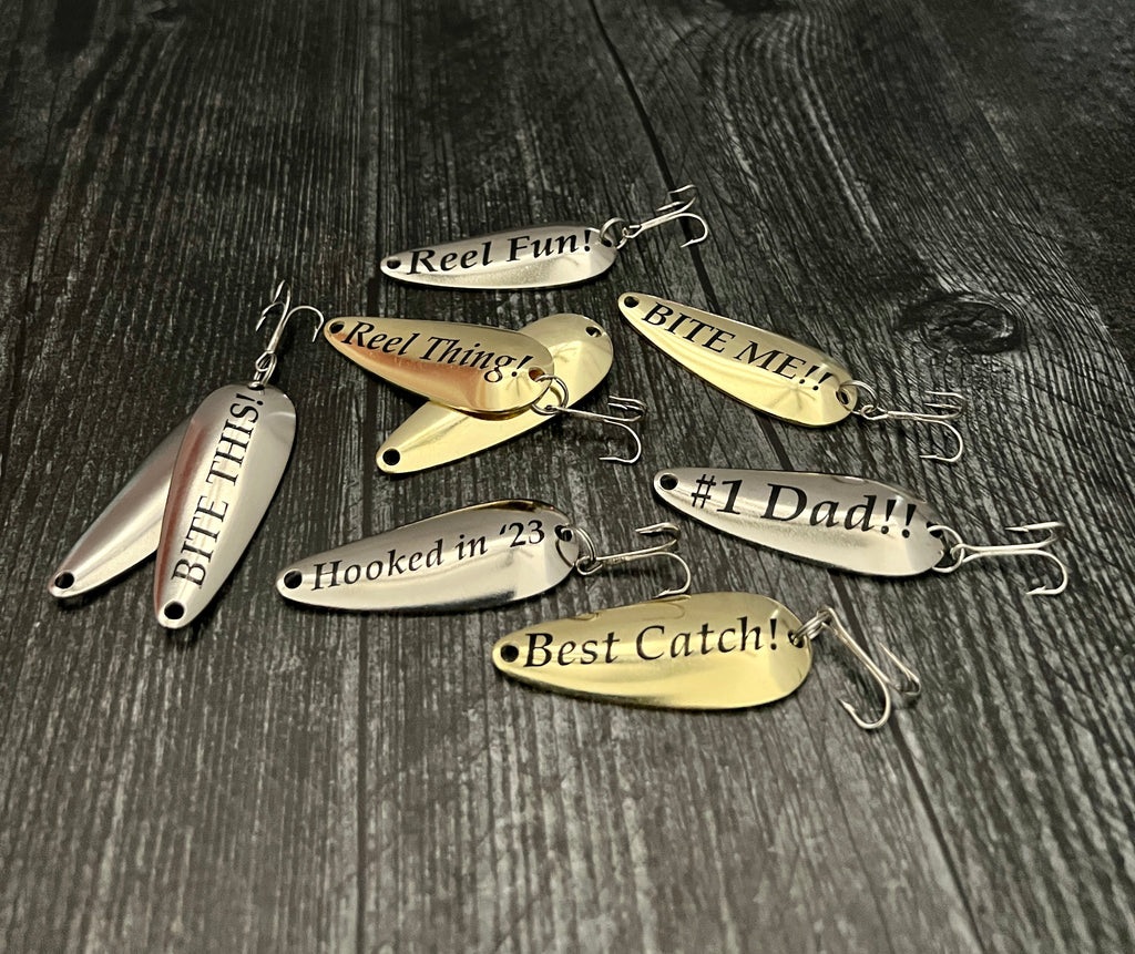 custom engraved fishing lures, best catch, bite this, reel fun, reel thing, bite me, #1 dad
