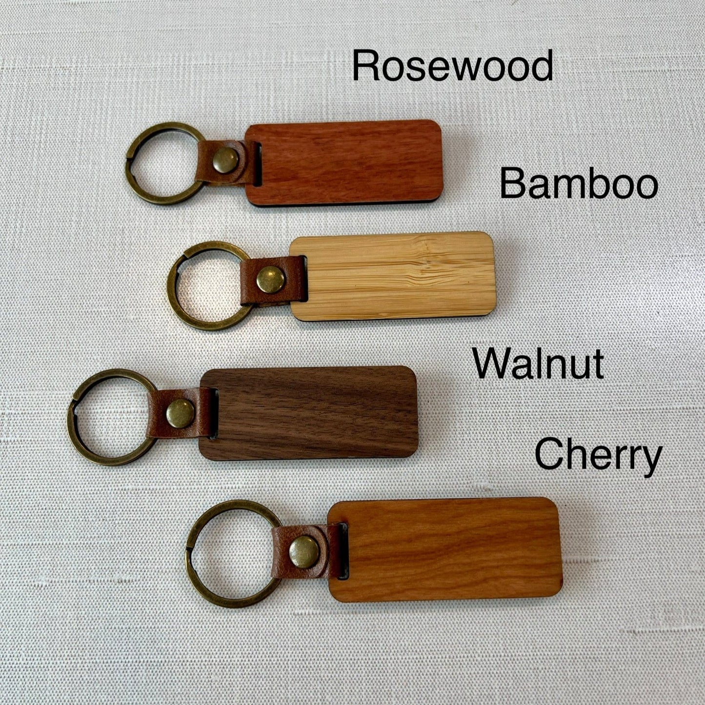 Custom Engraved Walnut, Cherry, Bamboo, and Rosewood Keychains