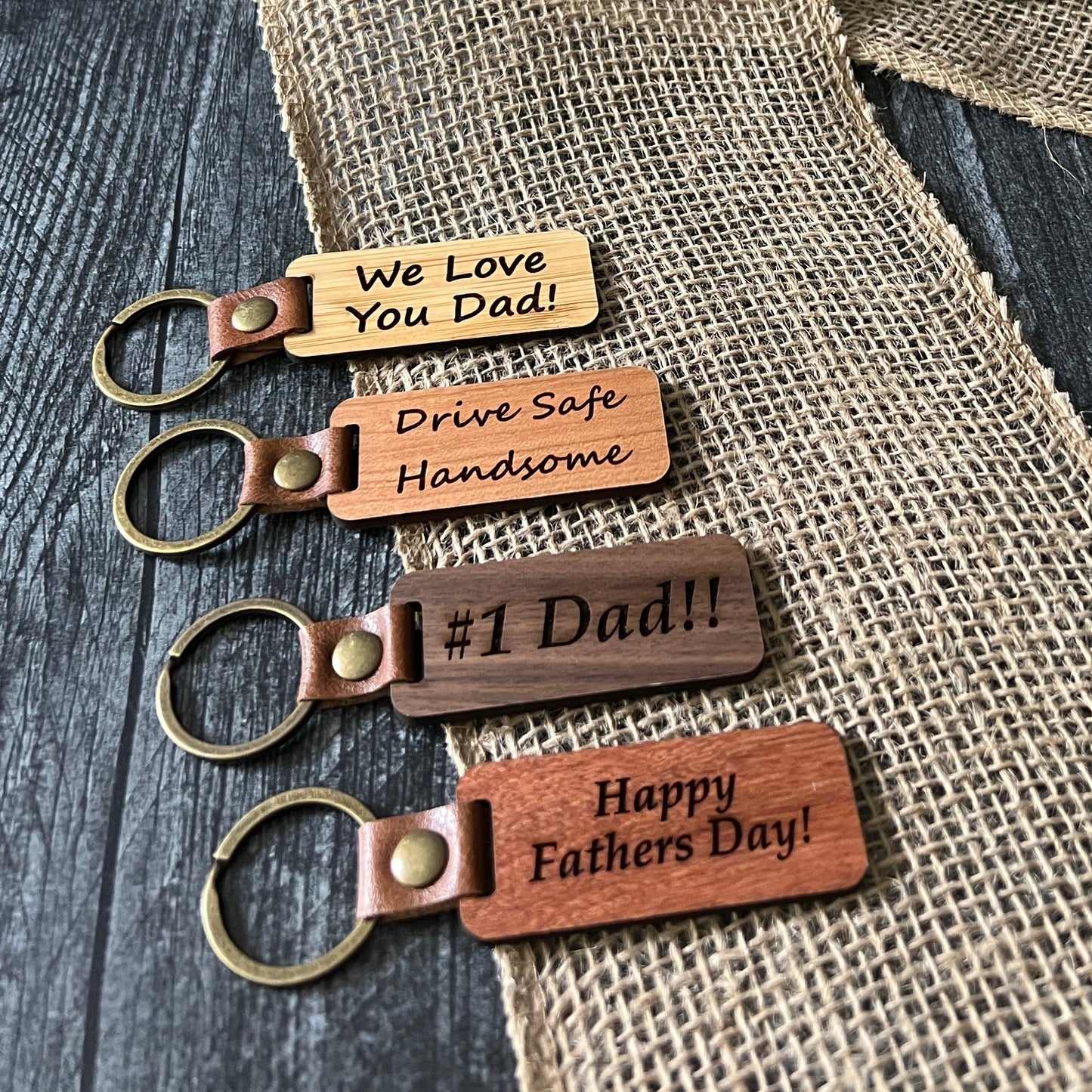Custom Engraved Walnut, Cherry, Bamboo, and Rosewood Keychains