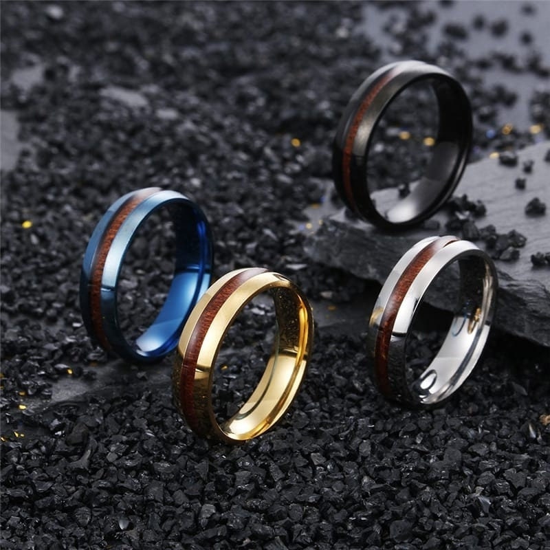Men's Stainless Ring with Wooden Inlay